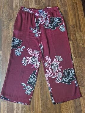 Rafaella Burgundy Wide-Leg Floral Pull-On Pants